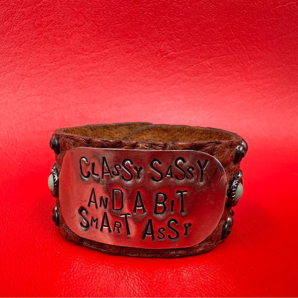 The Rowdy Cowgirl Leather Turquoise Rhinestone Classy Sassy Cuff Bracelet NWT - Picture 6 of 15